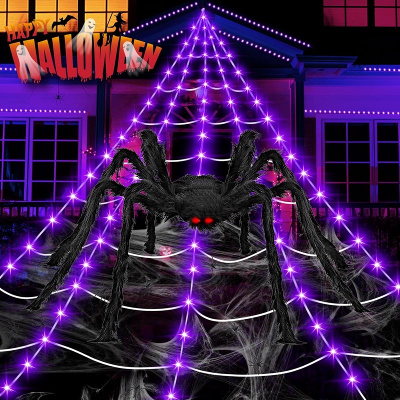 partyMoonet Halloween Decorations Outdoor, 200 LED Halloween Giant Spider Web Lights, 16.4Ft Lighted Spider Web Light up for Yard Haunted House Decor - Image 1